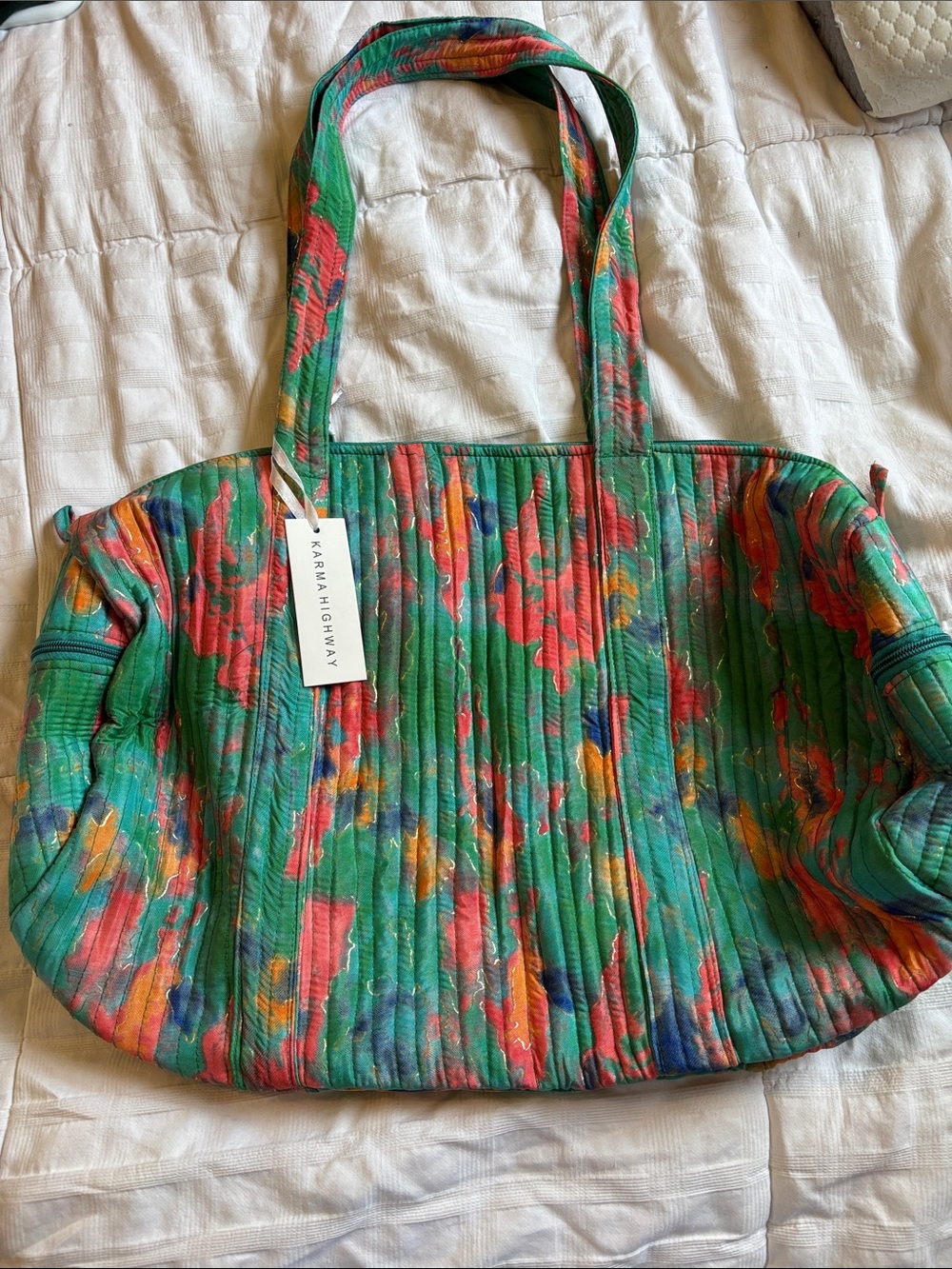 Karma Highway Green Floral Quilted Tote Bag with double end zipper pouch.